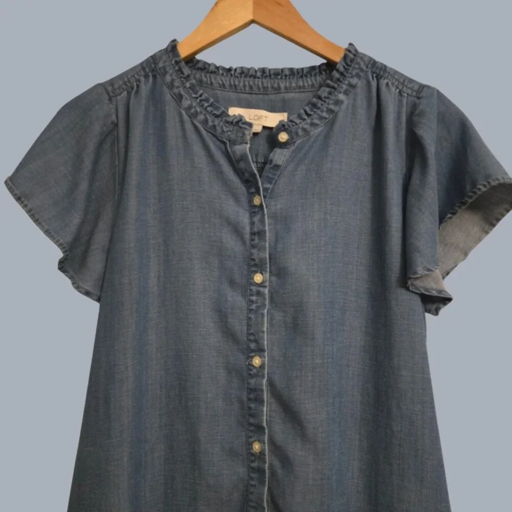 LOFT Chambray Denim Button Front Dress Women’s Size 8 Blue Ruffle Hem - Picture 2 of 4